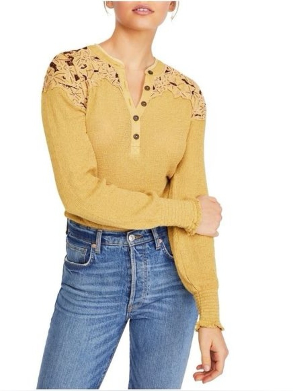 Free People Y2K Easy Breezy Henley Floral Embroidered On Shoulders XS